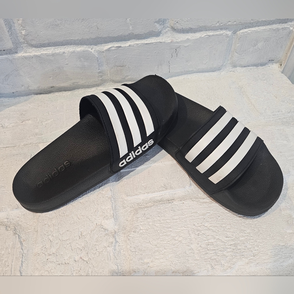 Adidas Black Slide Sandals with White Stripes SIZE 5